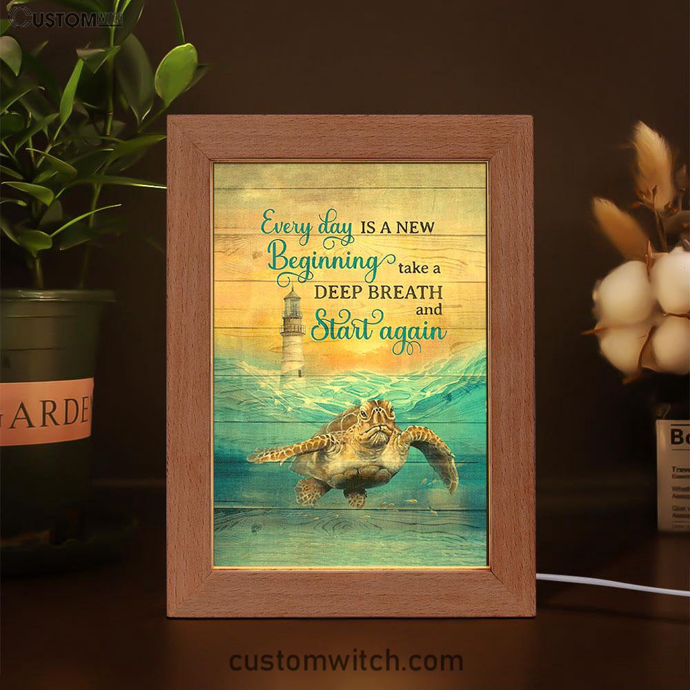 Everyday Is A New Beginning Sea Turtle Lighthouse Blue Ocean Frame Lamp Art - Christian Night Light - Bible Verse Wooden Lamp