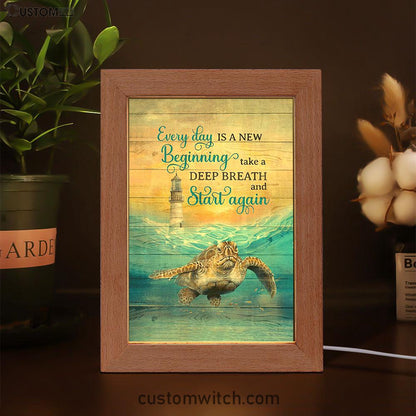 Everyday Is A New Beginning Sea Turtle Lighthouse Blue Ocean Frame Lamp Art - Christian Night Light - Bible Verse Wooden Lamp