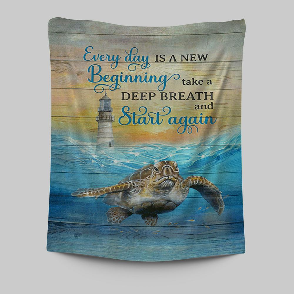 Everyday Is A New Beginning Sea Turtle Lighthouse Blue Ocean Tapestry Wall Art - Christian Tapestries Prints - Bible Verse Tapestry Art