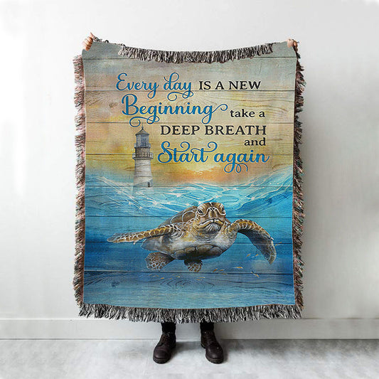 Everyday Is A New Beginning Sea Turtle Lighthouse Blue Ocean Woven Throw Blanket - Christian Woven Blanket Prints - Bible Verse Woven Blanket Art