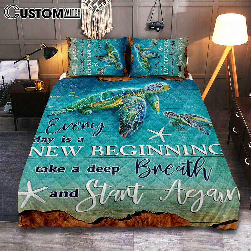Everyday Is A New Beginning Turtles Quilt Bedding Set Bedroom - Christian Bedroom Decor - Religious Quilt Bedding Set Prints