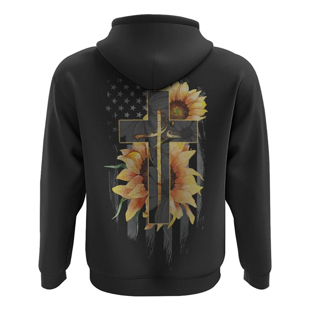 Fé Sunflower Cross American Flag All Over Print 3D Hoodie, Christian Hoodie, Christian Sweatshirt, Bible Verse Shirt