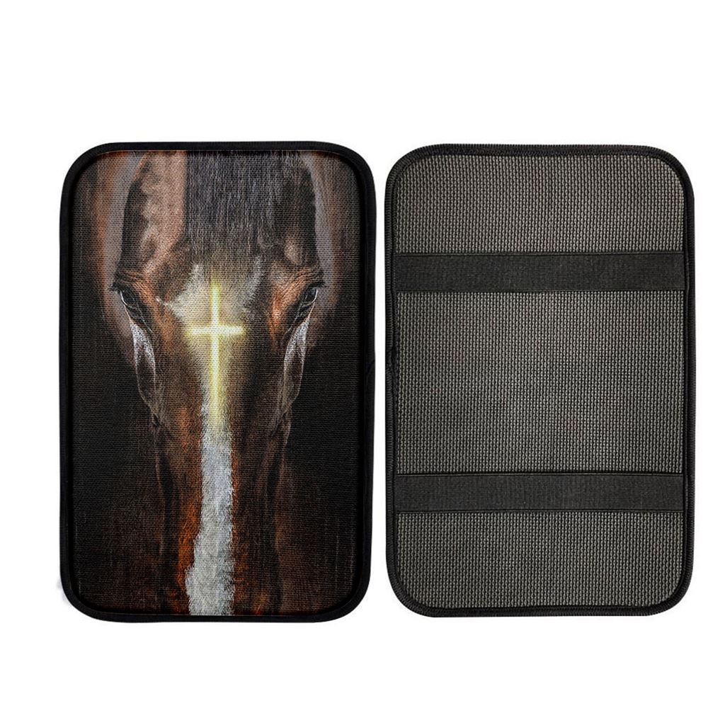 Face Of Horse Beautiful Cross Car Center Console Cover, Christian Car Armrest Accessories