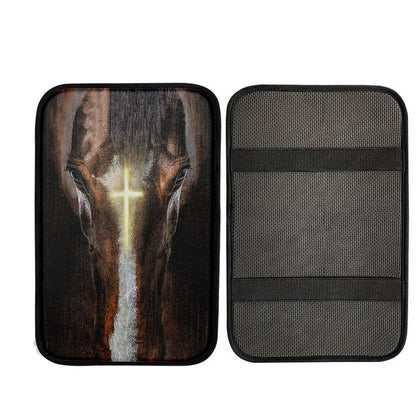Face Of Horse Beautiful Cross Car Center Console Cover, Christian Car Armrest Accessories