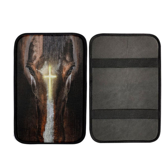 Face Of Horse Beautiful Cross Car Center Console Cover, Christian Car Armrest Accessories