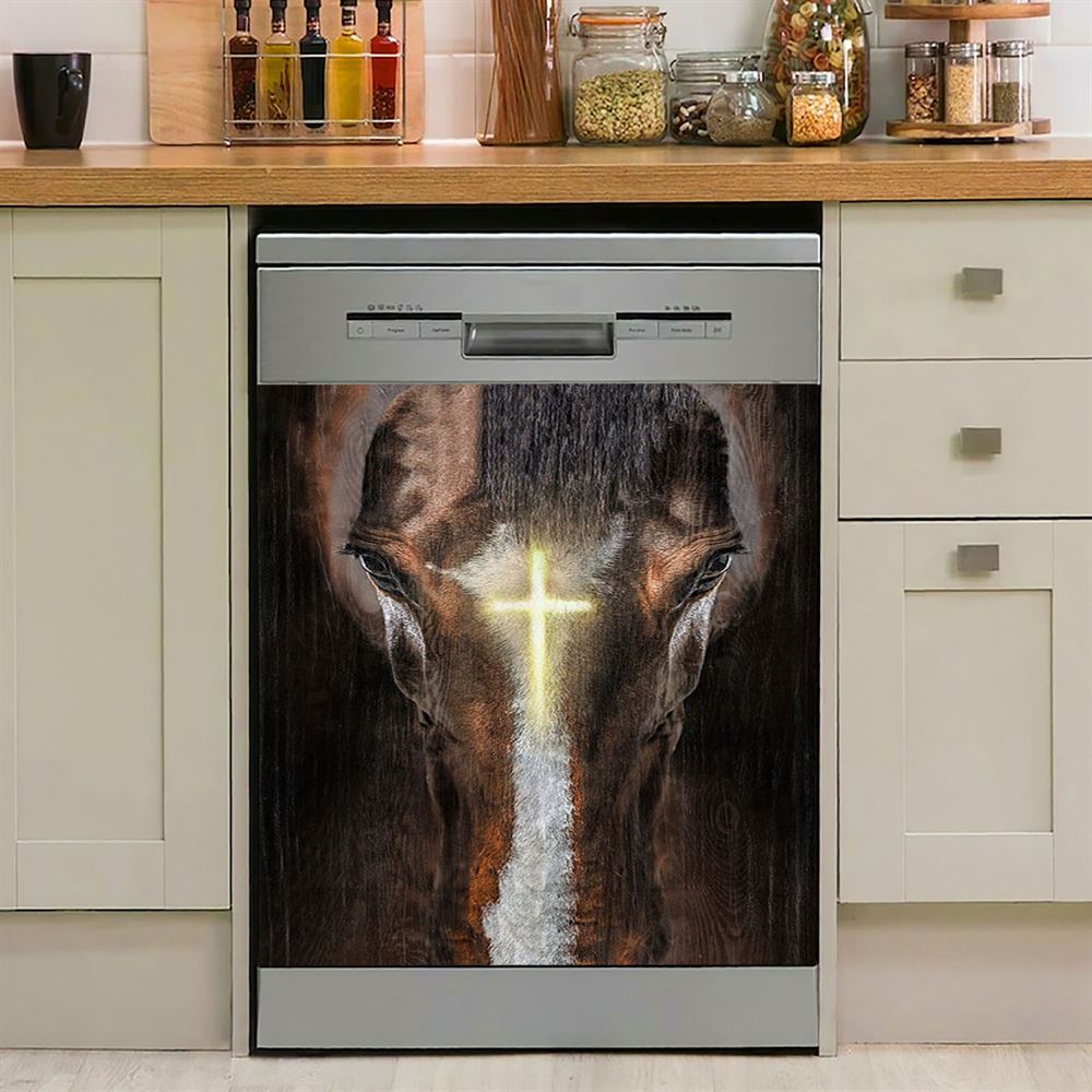 Face Of Horse Beautiful Cross Dishwasher Cover, Bible Verse Dishwasher Magnet Cover, Christian Inspirational Kitchen Decor