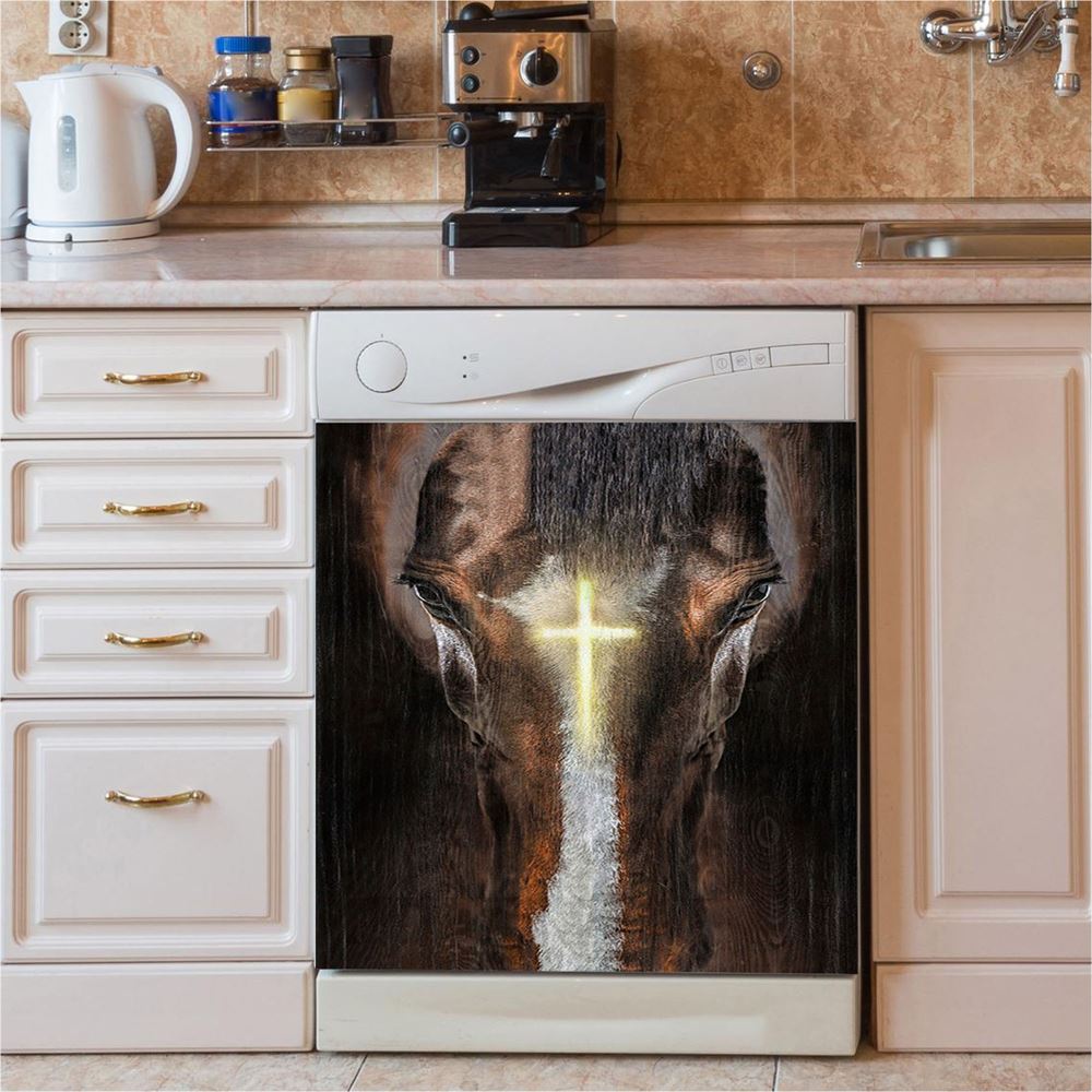 Face Of Horse Beautiful Cross Dishwasher Cover, Bible Verse Dishwasher Magnet Cover, Christian Inspirational Kitchen Decor
