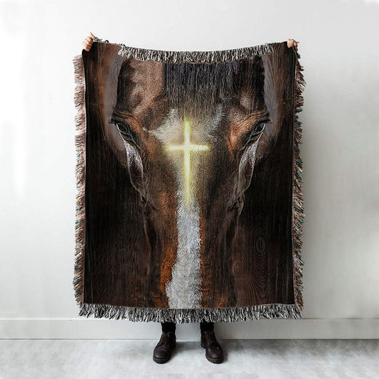 Face Of Horse Beautiful Cross Woven Blanket Art - Bible Verse Throw Blanket - Christian Inspirational Boho Blanket