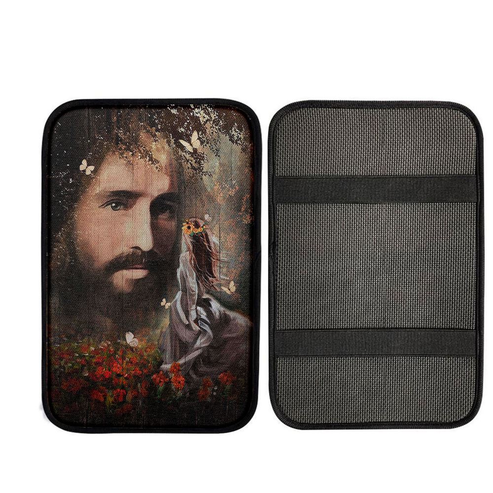 Face Of Jesus Pretty Girl Red Flower Garden Car Center Console Cover, Christian Car Accessories