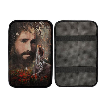 Face Of Jesus Pretty Girl Red Flower Garden Car Center Console Cover, Christian Car Accessories