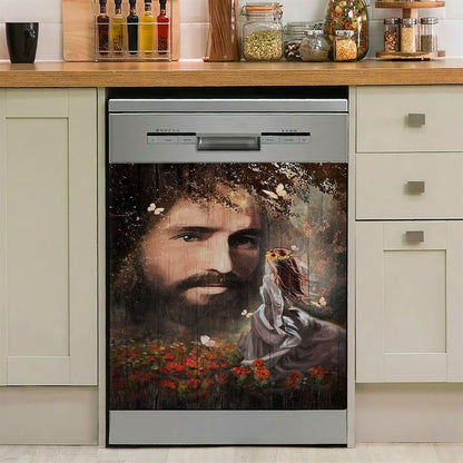 Face Of Jesus Pretty Girl Red Flower Garden Dishwasher Cover, Christian Dishwasher Magnet Cover, Bible Verse Kitchen Decor