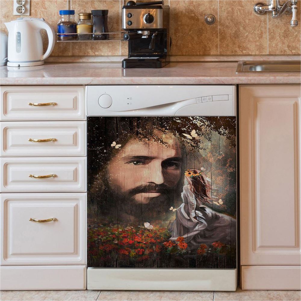 Face Of Jesus Pretty Girl Red Flower Garden Dishwasher Cover, Christian Dishwasher Magnet Cover, Bible Verse Kitchen Decor
