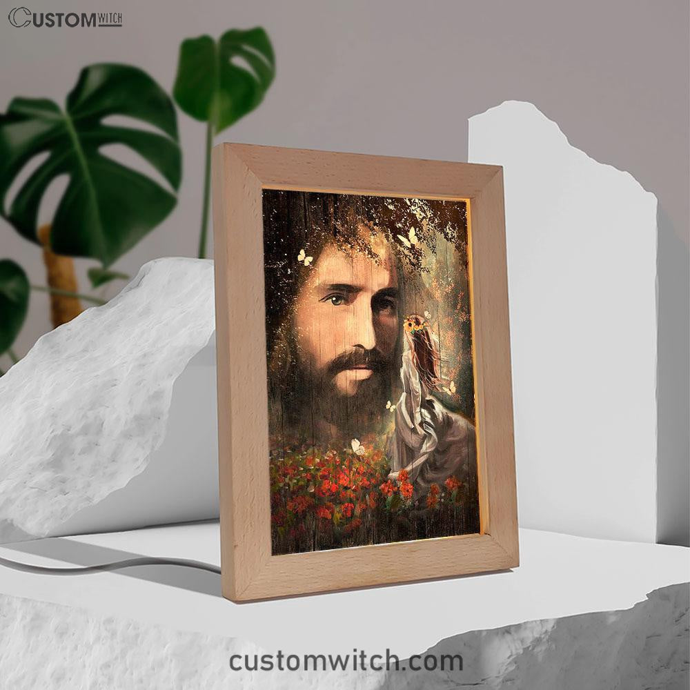 Face Of Jesus Pretty Girl Red Flower Garden Frame Lamp Art - Christian Art - Bible Verse Art - Religious Home Decor