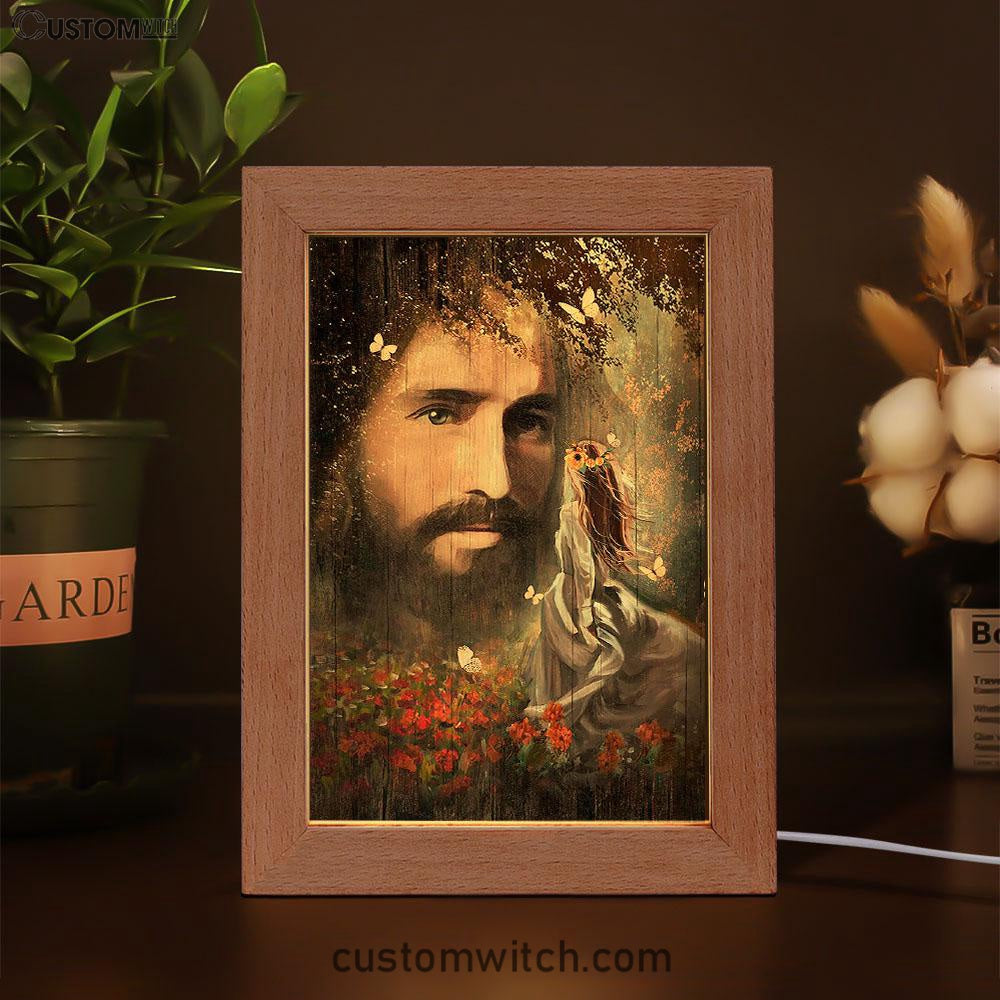 Face Of Jesus Pretty Girl Red Flower Garden Frame Lamp Art - Christian Art - Bible Verse Art - Religious Home Decor