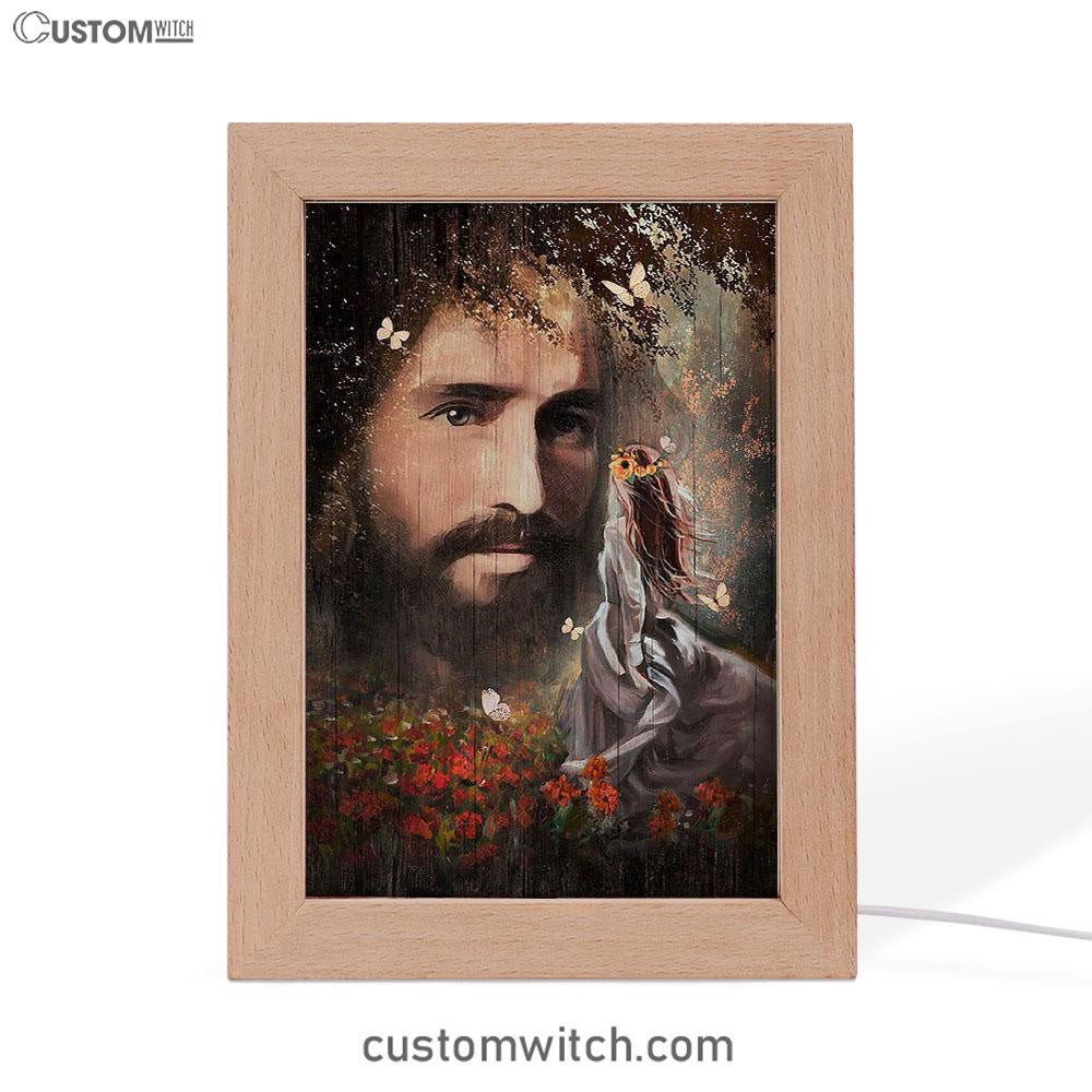 Face Of Jesus Pretty Girl Red Flower Garden Frame Lamp Art - Christian Art - Bible Verse Art - Religious Home Decor