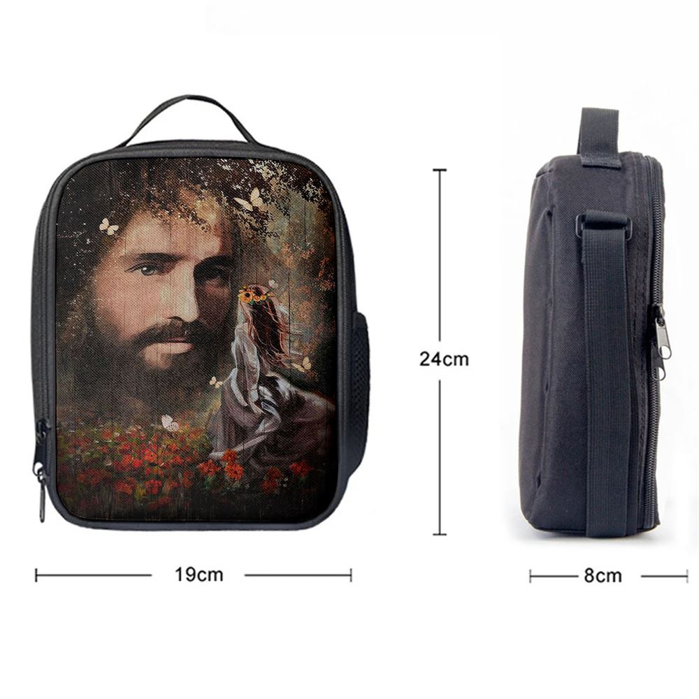 Face Of Jesus Pretty Girl Red Flower Garden Lunch Bag, Christian Lunch Bag, Religious Lunch Box For School, Picnic
