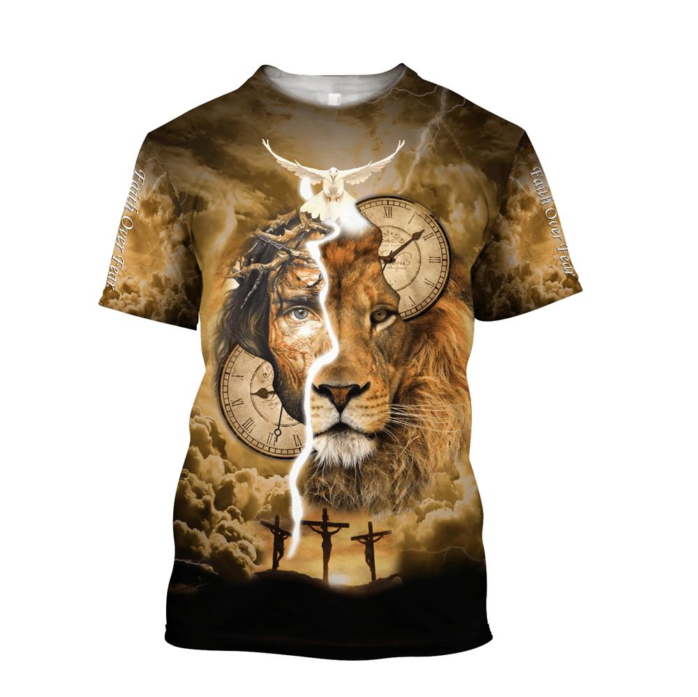 Failth Over Fear Lion Jesuss All Over Print 3D T-Shirt, Gift For Christian, Jesus Shirt