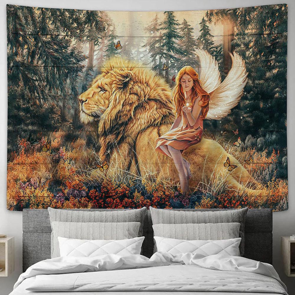 Fairy Lion Of Judah Autumn Forest Tapestry Wall Art - Bible Verse Tapestry - Religious Tapestry Wall Hanging