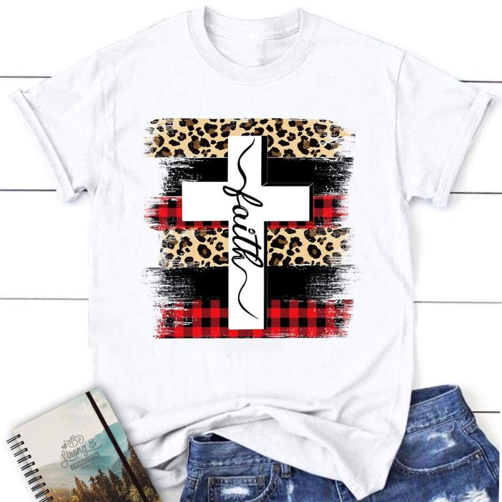 Faith Cross Plaid Leopard Christian T Shirt, Blessed T Shirt, Bible T shirt, T shirt Women