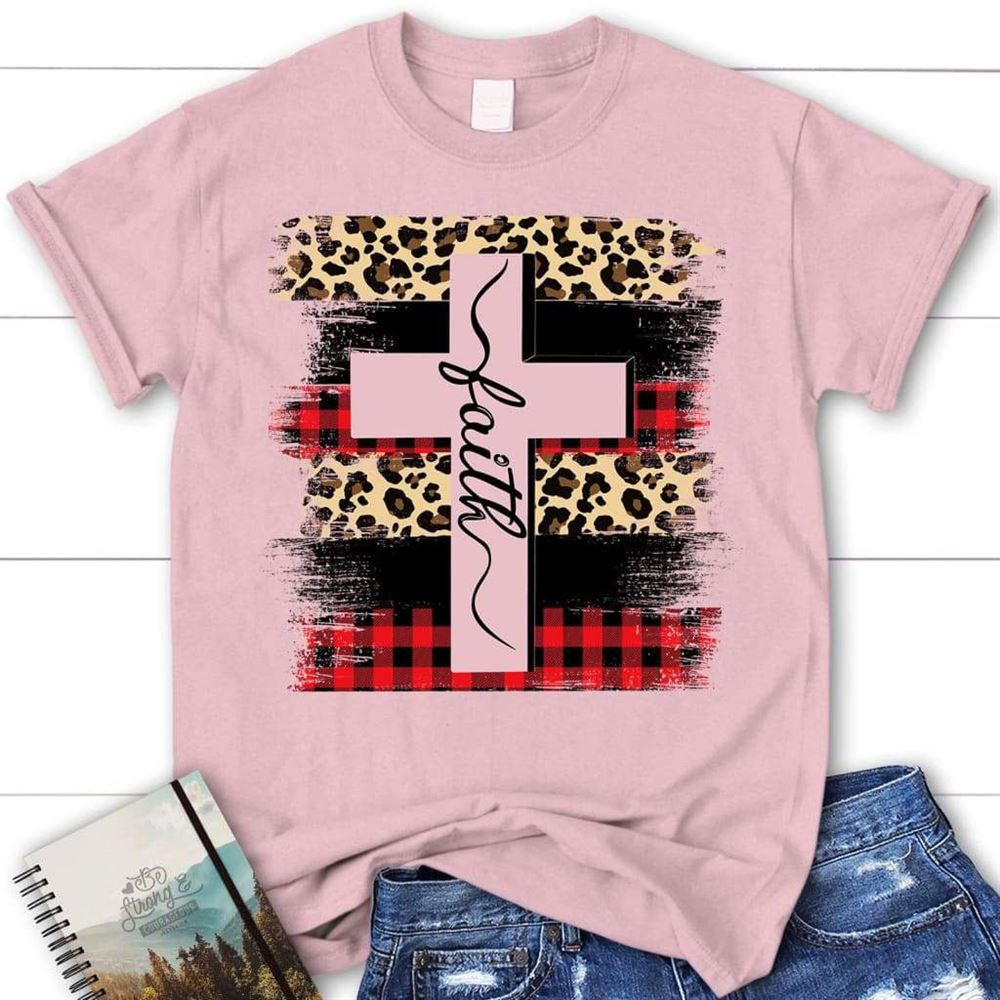 Faith Cross Plaid Leopard Christian T Shirt, Blessed T Shirt, Bible T shirt, T shirt Women
