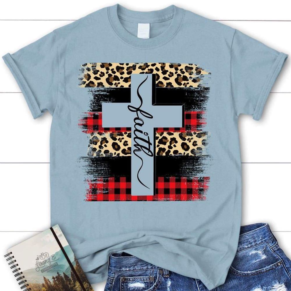 Faith Cross Plaid Leopard Christian T Shirt, Blessed T Shirt, Bible T shirt, T shirt Women