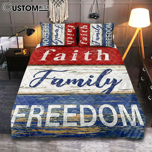 Faith Family Freedom Patriotic Quilt Bedding Set Cover Twin Bedding Decor - Christian Quilt Bedding Set Bedroom Decor
