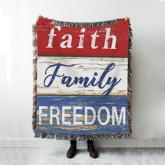 Faith Family Freedom Patriotic Woven Boho Blanket - Christian Woven Throw Blanket Decor