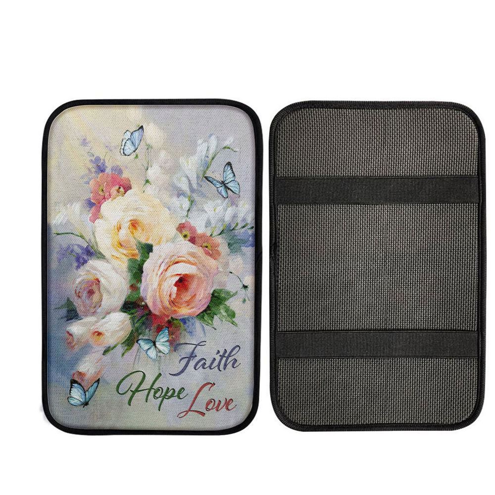 Faith Hope Love Butterfly Roses Christian Car Center Console Cover, Cross Car Interior Accessories