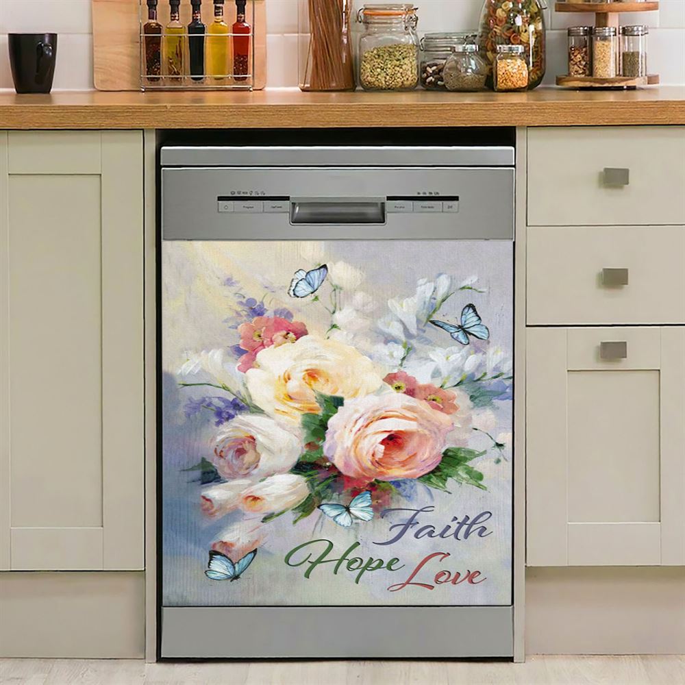 Faith Hope Love Butterfly Roses Christian Dishwasher Cover, Bible Verse Dishwasher Magnet Cover, Scripture Kitchen Decor