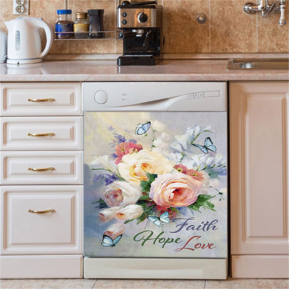 Faith Hope Love Butterfly Roses Christian Dishwasher Cover, Bible Verse Dishwasher Magnet Cover, Scripture Kitchen Decor