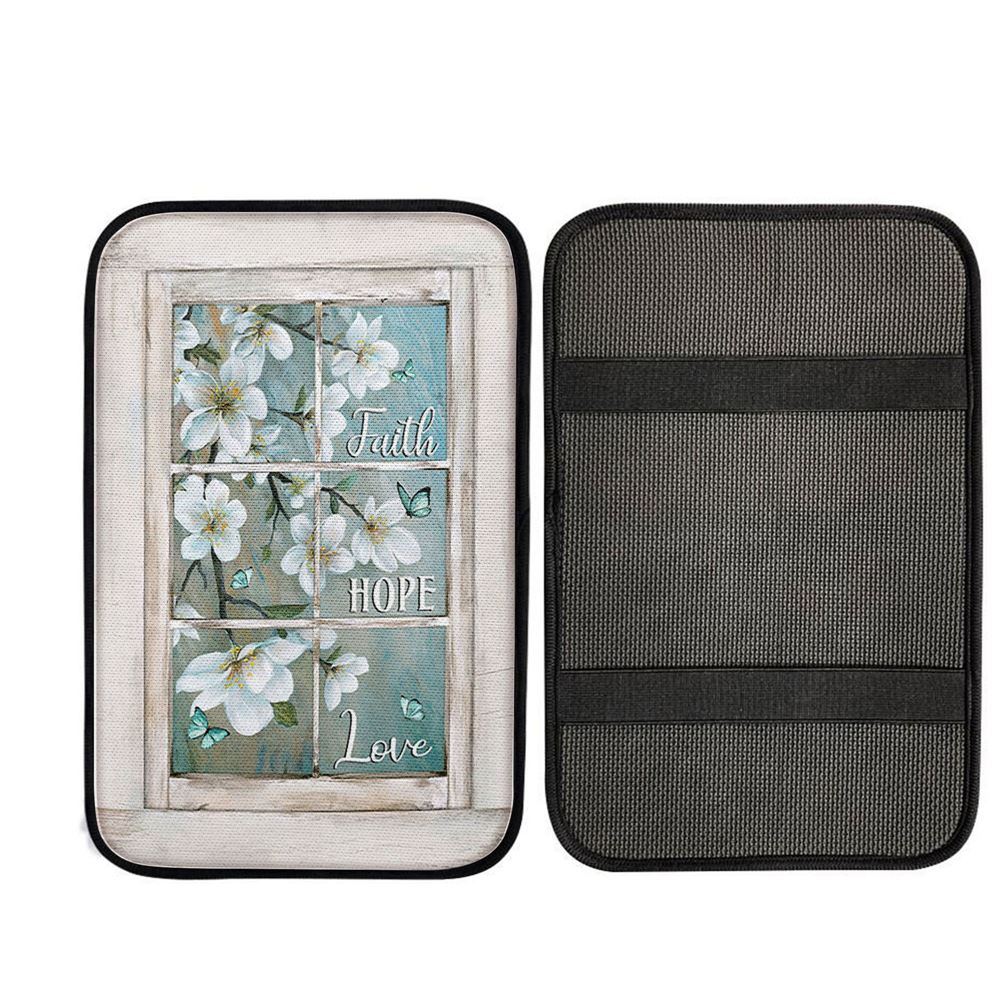 Faith Hope Love Flower Blue Butterfly Car Center Console Cover, Christian Car Accessories
