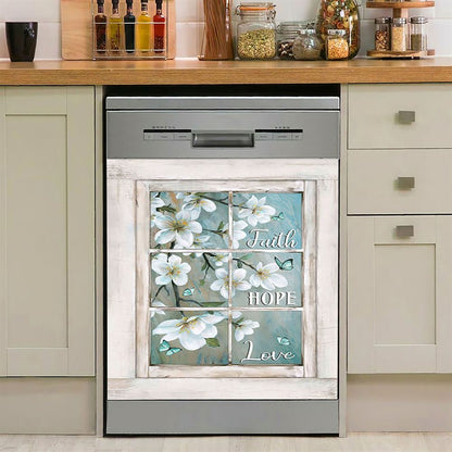 Faith Hope Love Flower Blue Butterfly Dishwasher Cover, Bible Verse Dishwasher Magnet Cover, Christian Inspirational Kitchen Decor