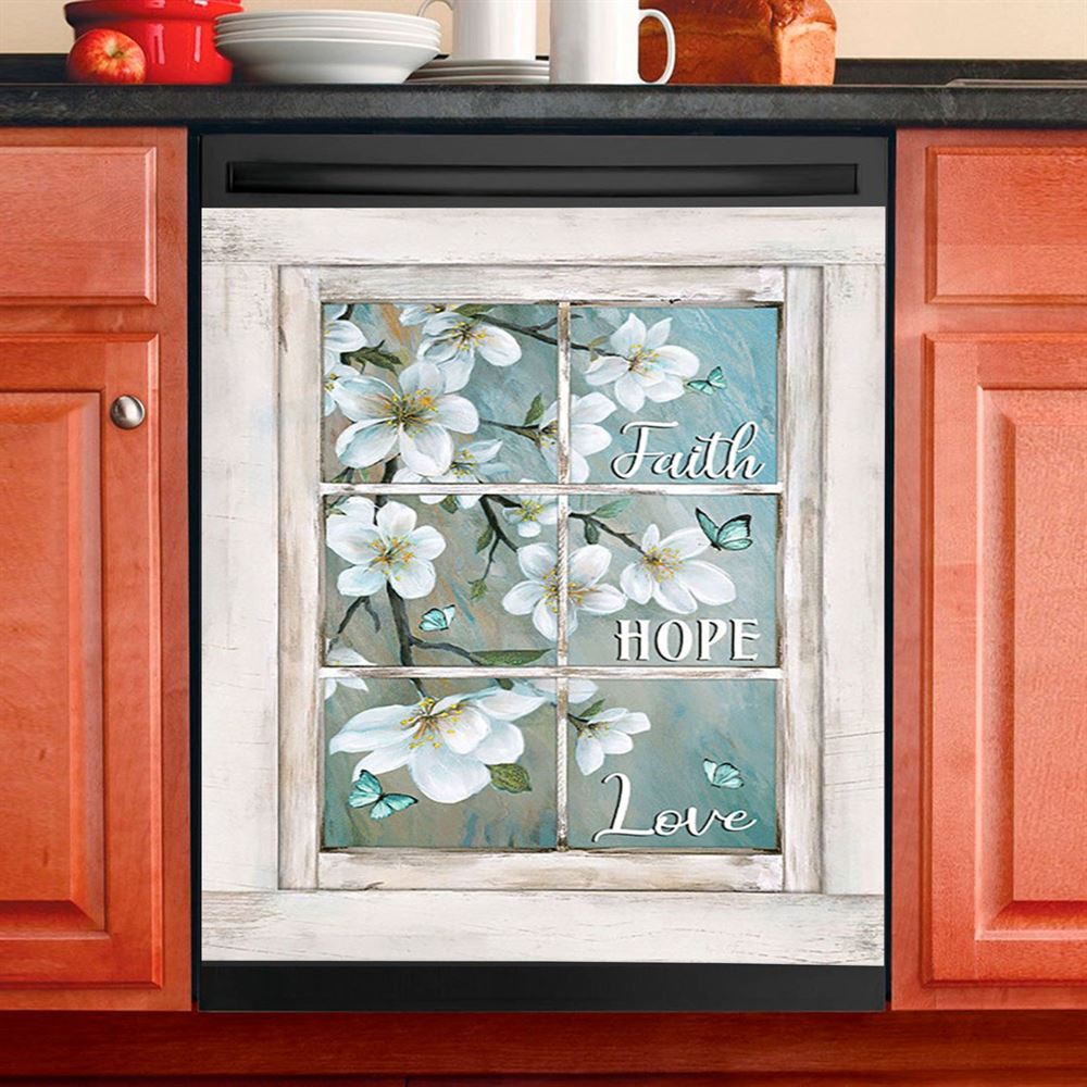 Faith Hope Love Flower Blue Butterfly Dishwasher Cover, Bible Verse Dishwasher Magnet Cover, Christian Inspirational Kitchen Decor