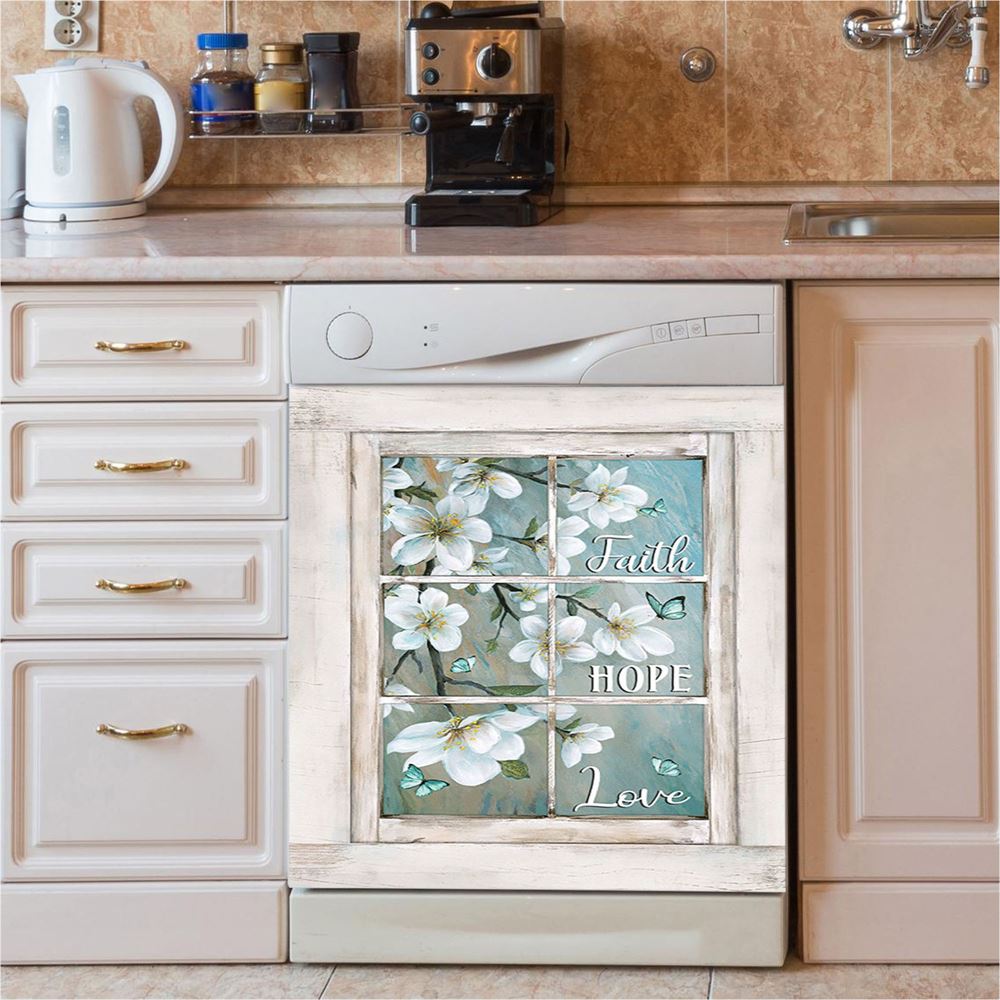 Faith Hope Love Flower Blue Butterfly Dishwasher Cover, Bible Verse Dishwasher Magnet Cover, Christian Inspirational Kitchen Decor