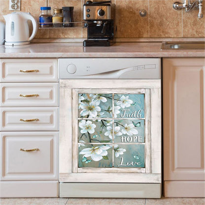 Faith Hope Love Flower Blue Butterfly Dishwasher Cover, Bible Verse Dishwasher Magnet Cover, Christian Inspirational Kitchen Decor