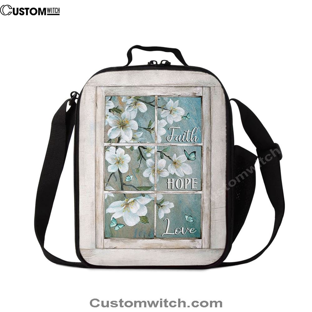 Faith Hope Love Flower Blue Butterfly Lunch Bag, Christian Lunch Bag, Religious Lunch Box For School, Picnic