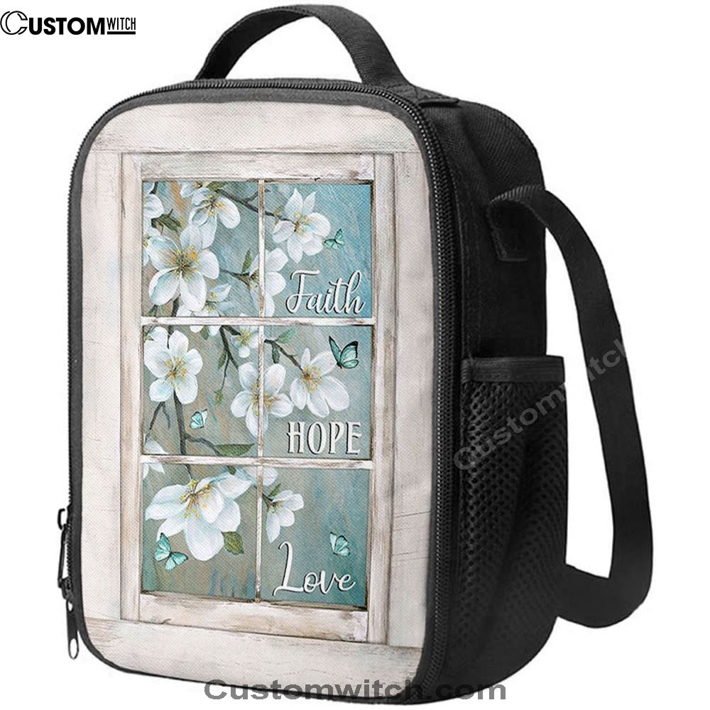Faith Hope Love Flower Blue Butterfly Lunch Bag, Christian Lunch Bag, Religious Lunch Box For School, Picnic