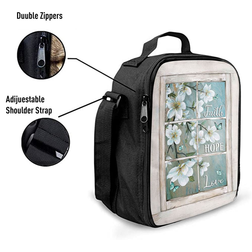 Faith Hope Love Flower Blue Butterfly Lunch Bag, Christian Lunch Bag, Religious Lunch Box For School, Picnic