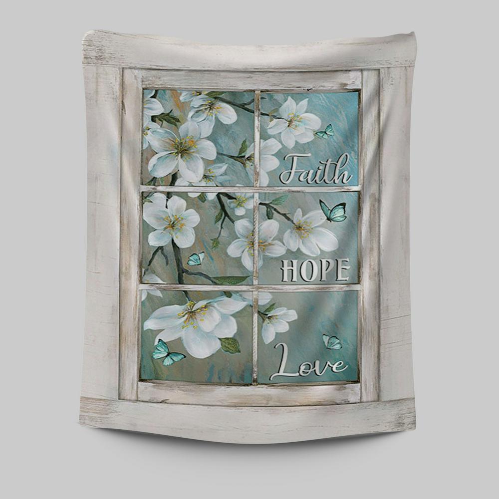 Faith Hope Love Flower Blue Butterfly Tapestry Art - Bible Verse Wall Art - Christian Inspirational Wall Decor