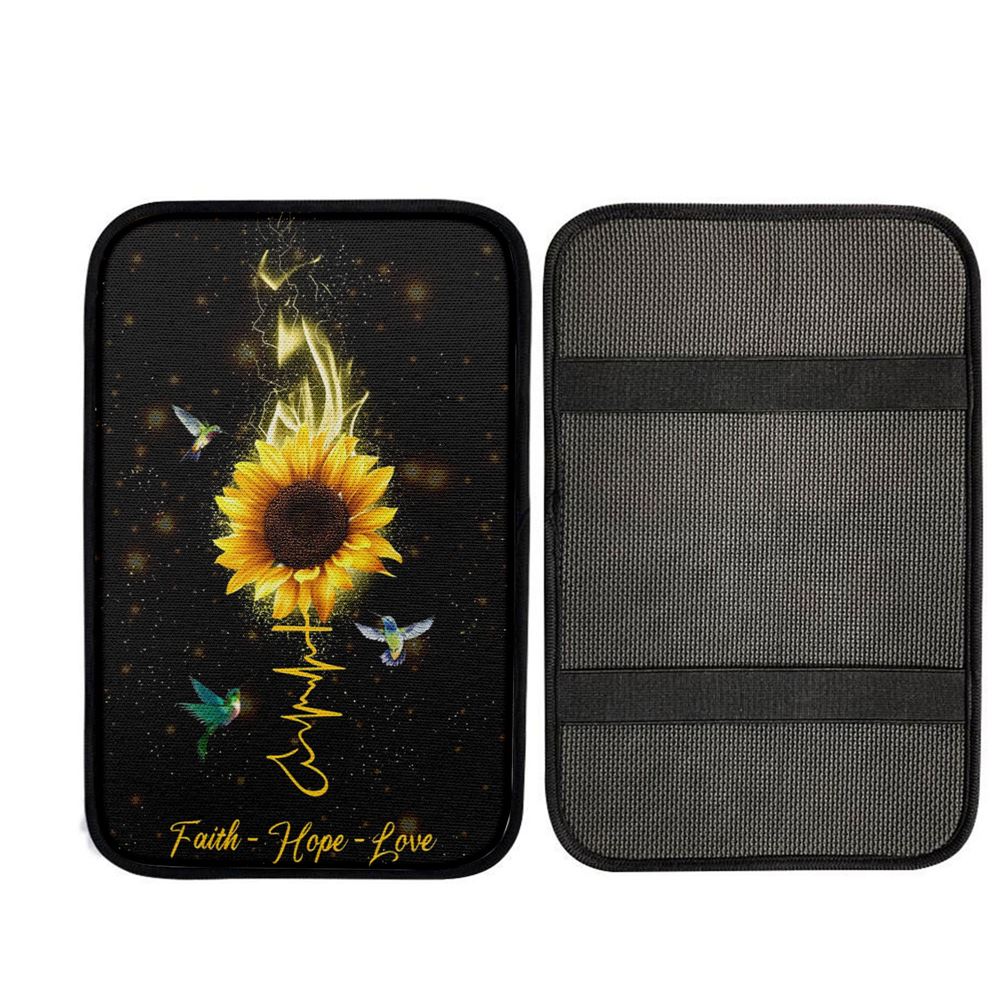 Faith Hope Love Hummingbird Sunflower Car Center Console Cover, Cross Car Interior Accessories