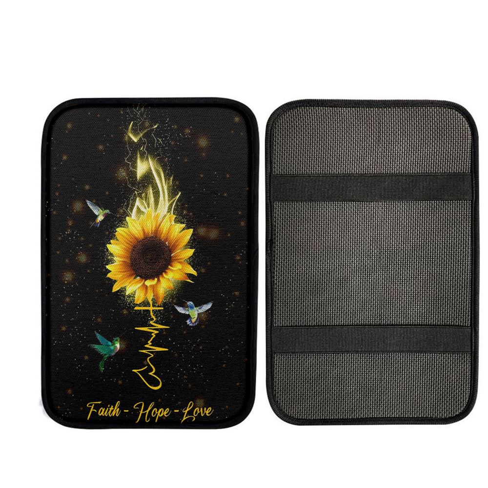 Faith Hope Love Hummingbird Sunflower Car Center Console Cover, Religious Car Interior Accessories