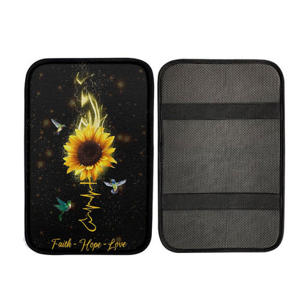 Faith Hope Love Hummingbird Sunflower Car Center Console Cover, Religious Car Interior Accessories