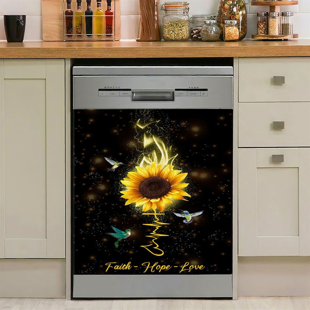 Faith Hope Love Hummingbird Sunflower Dishwasher Cover, Bible Verse Dishwasher Magnet Cover, Scripture Kitchen Decor