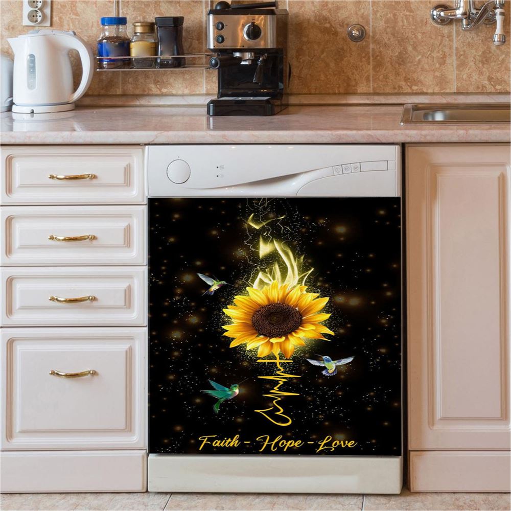 Faith Hope Love Hummingbird Sunflower Dishwasher Cover, Bible Verse Dishwasher Magnet Cover, Scripture Kitchen Decor