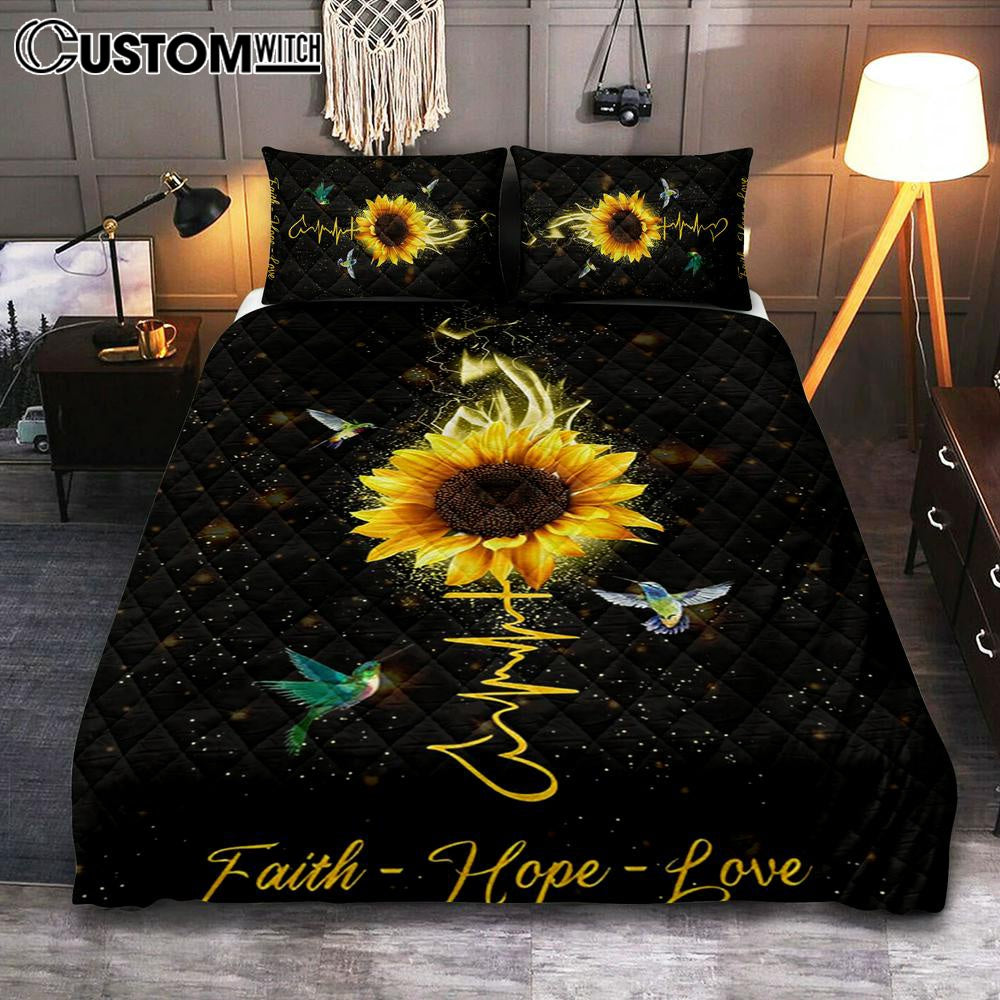 Faith Hope Love Hummingbird Sunflower Quilt Bedding Set Bedroom - Christian Quilt Bedding Set Prints - Religious Cover Twin Bedding Decor
