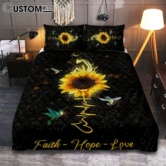 Faith Hope Love Hummingbird Sunflower Quilt Bedding Set Bedroom - Christian Quilt Bedding Set Prints - Religious Cover Twin Bedding Decor