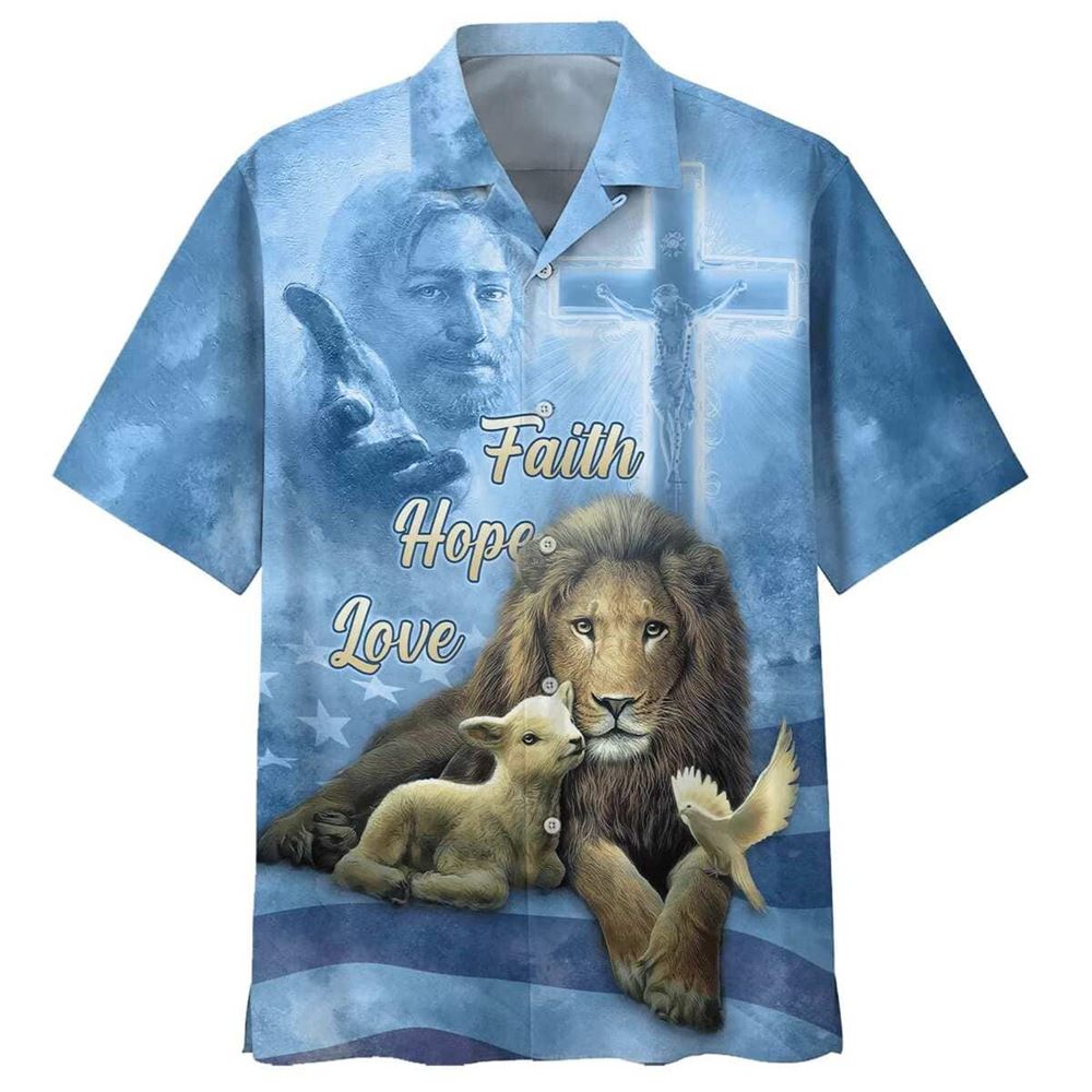Faith Hope Love Jesus Lion And The Lamb Hawaiian Shirt For Men, Christian Hawaiian Shirt, Gift For Christian