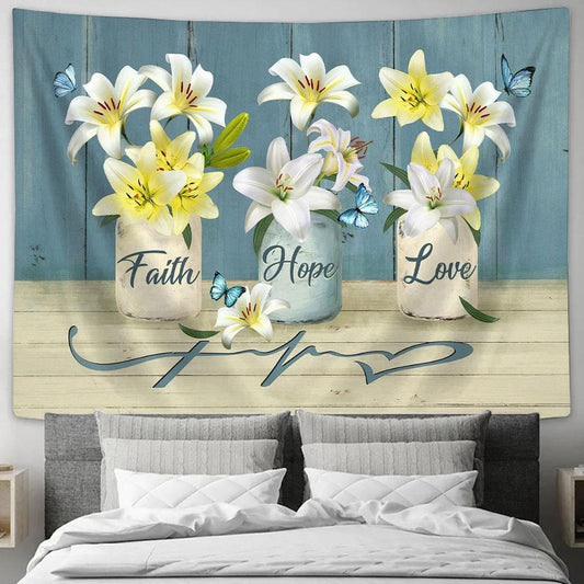 Faith Hope Love White Lily Blue Butterfly Tapestry Prints - Religious Tapestry Art - Christian Home Decor