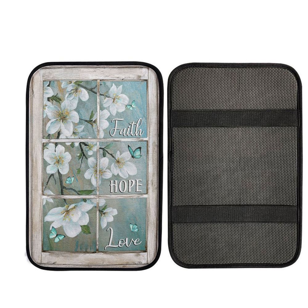 Faith Hope Love Window Flower White Car Center Console Cover, Religious Car Interior Accessories