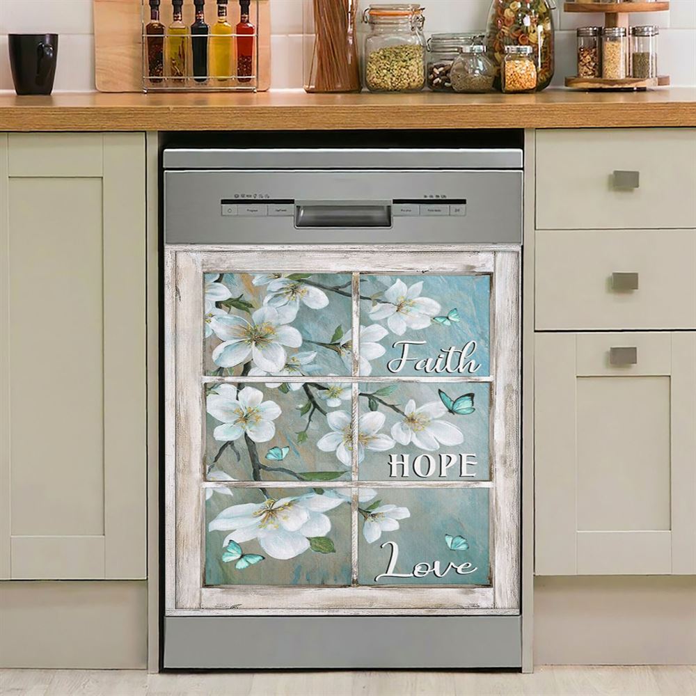 Faith Hope Love Window Flower White Dishwasher Cover, Christian Dishwasher Magnet Cover, Religious Kitchen Decor